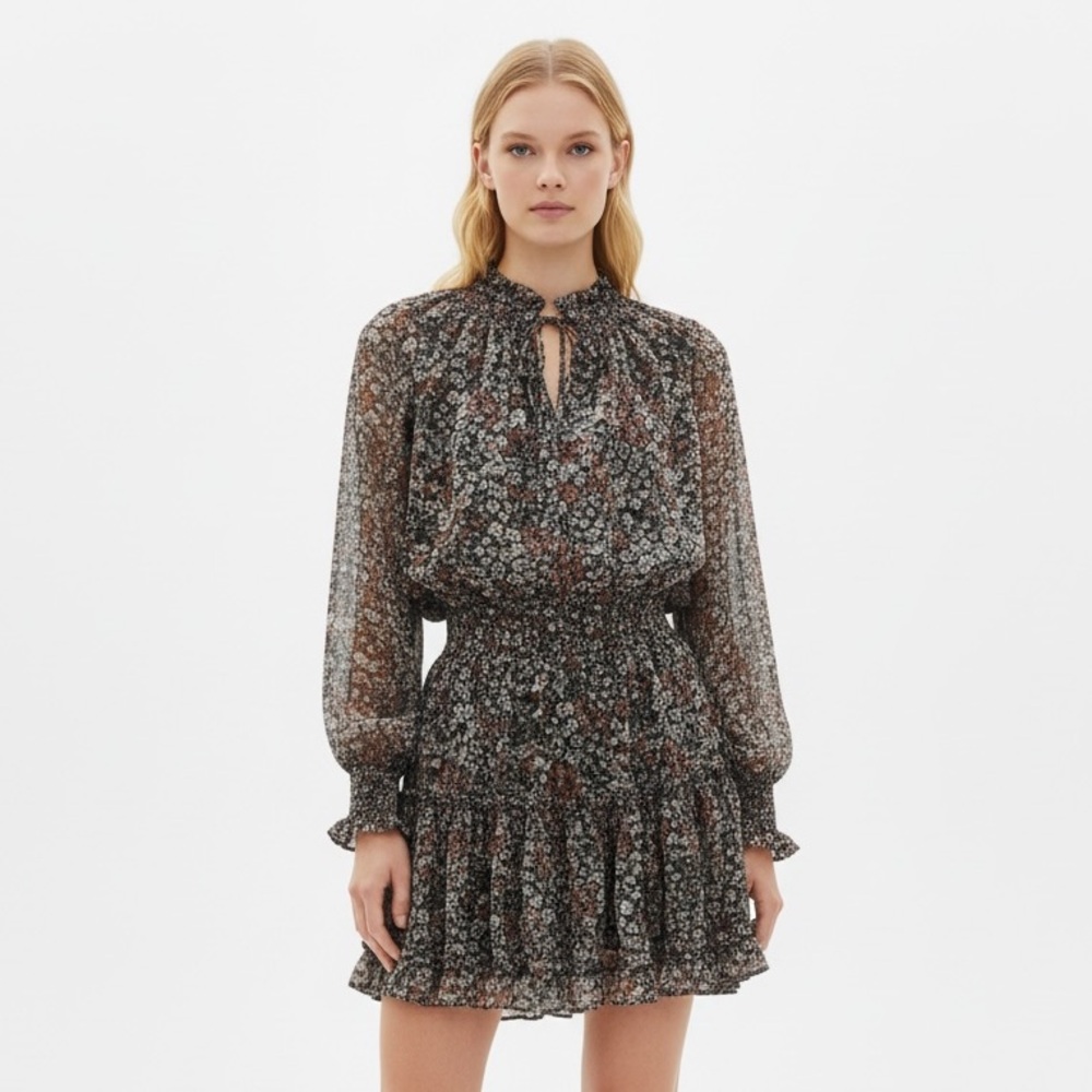 RESET BY JANE Long Sleeve Floral Black Red Mini Dress Size Medium NEW